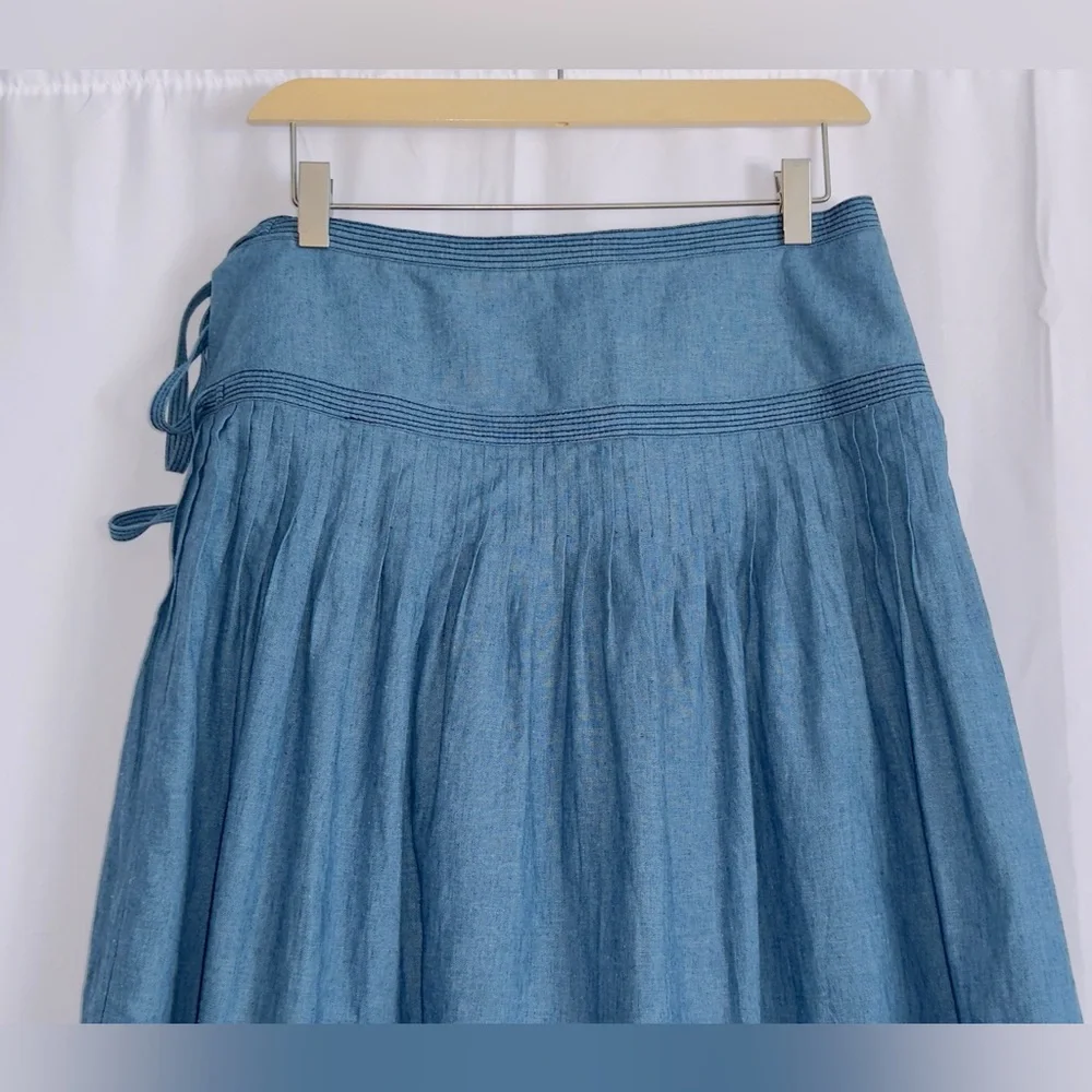 Tory Burch NWT Chambray linen blend pleated tiered wrap side tie midi skirt 6